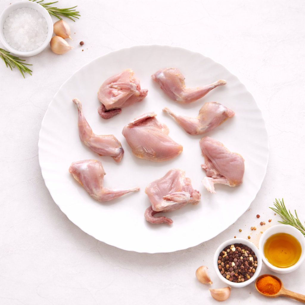 Fresh cut raw quail meat, dressed and cleaned